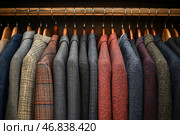 A row of elegant men's jackets neatly hung on wooden hangers in a wardrobe or boutique. The jackets are made of thick fabrics such as tweed or wool, with a variety of textures and patterns, including checks, micro-patterns and solids. The color palette includes dark shades of gray, blue, brown and red, creating a stylish and understated look. The wooden rod and metal hooks give the composition a classic, respectable look, associated with masculine style and impeccable taste. Стоковое AI-изображение, AI-художник Анна Кривицкая / Фотобанк Лори