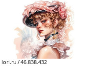 An artistic watercolor illustration of a young woman in a retro style reminiscent of the Victorian era or early 20th century. Her outfit consists of an elegant frilly dress decorated with lace and a sophisticated headdress with feathers and flowers. Curly blonde hair is beautifully styled, and her expressive look is emphasized by bright lips and eye makeup. The background is done in light pastel colors with elements of vintage ornament and silhouettes, creating an atmosphere of old society. The image conveys aristocracy, romanticism and grace. Стоковое AI-изображение, AI-художник Анна Кривицкая / Фотобанк Лори