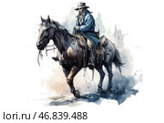 A rider in cowboy attire, sitting on a horse. He is wearing a long blue coat or cloak, a wide-brimmed hat, and boots. His face is partially hidden by his beard, giving him a stern and mysterious look. The horse appears strong and resilient, moving confidently forward. The artistic technique resembles watercolor or a digital imitation of a watercolor painting, with soft, blurry edges and an atmospheric background that creates a sense of open space, perhaps a prairie or the Wild West. Стоковое AI-изображение, AI-художник Анна Кривицкая / Фотобанк Лори