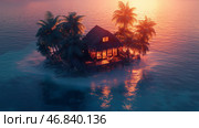 Romantic beachfront cottage illuminated at night surrounded by calm waters and palm trees in a tropical paradise. Стоковое AI-изображение, AI-художник Михаил Коханчиков / Фотобанк Лори