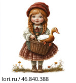 A charming illustration in the style of vintage village painting, depicting a little girl with red hair braided into braids. She is dressed in traditional peasant attire: a plaid skirt, a white shirt, a green apron and a red headscarf. In her hands she holds a wicker basket, in which sits a duck with a curious look. The atmosphere of the drawing is filled with warmth, coziness and nostalgia, reminiscent of illustrations from children's fairy tales or old postcards. In the foreground there are small wild flowers, complementing the composition with natural harmony. Стоковое AI-изображение, AI-художник Анна Кривицкая / Фотобанк Лори