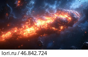 A fiery asteroid or giant meteorite hurtling through space. It is covered in molten lava, which creates a stunning contrast between the bright orange and dark rock structures. Other asteroids and space debris are visible around it, and the background is deep space, strewn with stars and bluish nebulae. The atmosphere is filled with catastrophic energy, as if this object is heading for a collision with a planet. This image combines science fiction and space epicness. Стоковое AI-изображение, AI-художник Анна Кривицкая / Фотобанк Лори
