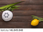 Рамка из четырех видов (лулав, хадас, арава, этрог) как символ праздника Суккот и кипа на коричневом деревянном фоне. Стоковое фото, фотограф Pixel_shot / Фотобанк Лори