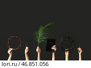 Женские руки с венками из терновника, Святая Библия и лист пальмы на темном фоне. Концепция Великой Пятницы. Стоковое фото, фотограф Pixel_shot / Фотобанк Лори