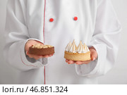 Женщина-кондитер с вкусными тортами на белом фоне. Стоковое фото, фотограф Pixel_shot / Фотобанк Лори