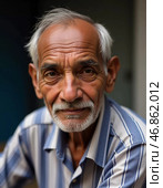 An elderly man residing in India sits with a gentle smile, reflecting on his life experiences. His weathered face tells stories of joy and resilience amid cultural richness and change. Стоковое AI-изображение, AI-художник Юлия Петровская / Фотобанк Лори