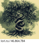 A massive, old tree with dense foliage, around which a large snake is coiled. Its scales are detailed, and its head is slightly raised, creating a sense of hidden menace or wisdom. The illustration is done in a graphic style with a monochrome green and black color scheme, reminiscent of classic engravings or mystical medieval drawings. The atmosphere is saturated with symbolism, referring to the biblical image of the Tree of Knowledge and the tempting snake. The composition emphasizes the balance between nature, danger and ancient knowledge. Стоковое AI-изображение, AI-художник Анна Кривицкая / Фотобанк Лори