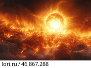 A scene of a grand cosmic event — an exploding sun-like object surrounded by a firestorm. This could be an illustration of a solar flare, a stellar cataclysm, or a hypothetical apocalypse. Blazing prominences, hot clouds of plasma, and plumes of fire create the impression of unbridled energy. The entire space is shrouded in hot gases, and the bright core pulsates with light, spreading destructive force. Стоковое AI-изображение, AI-художник Анна Кривицкая / Фотобанк Лори