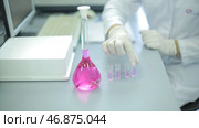 Young female laboratory technician examining a conical glass Erlenmeyer flask filled with a green liquid solution while conducting chemical tests. Стоковое фото, фотограф David Kashakhi / Фотобанк Лори