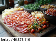 Appetizing cold cuts laid out on a wooden board. The focus is on thinly sliced ​​salami with a marbled texture. Garnishes are placed nearby: olives, tomatoes, chopped herbs, as well as various sauces and chutneys in ceramic bowls. Pieces of cheese are visible in the background. The table looks richly served, creating an atmosphere of gastronomic pleasure. Стоковое AI-изображение, AI-художник Анна Кривицкая / Фотобанк Лори