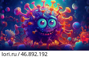The cartoon Covid coronavirus character a friendly face. Microscopic environment, Infection of FLiRT, XEC, epidemic, pandemic. Microscopic world scene. Стоковое AI-изображение, AI-художник Андрей Ка / Фотобанк Лори