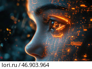A close-up of a person's face is shown, or more precisely, his eye, filled with a futuristic glow. Digital elements are reflected inside the eye and on the skin, reminiscent of a neon network, technological schemes or an artificial intelligence interface. The color scheme includes warm orange and gold tones, contrasting with a dark, deep blue or black background. Light lines and details create a cyberpunk atmosphere, symbolizing the symbiosis of man and technology. Стоковое AI-изображение, AI-художник Анна Кривицкая / Фотобанк Лори