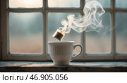 Steam rises from a cup of coffee as a sugar cube dissolves near a rustic window during morning light. Стоковое AI-изображение, AI-художник Сергей Толмачёв / Фотобанк Лори