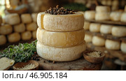 A stack of round cheese wheels, one on top of the other. The top wheel is decorated with black peppercorns. The cheeses have a hard rind with a natural texture and a slightly rough surface, typical of aged cheeses.Around the cheese are wooden bowls with chopped pieces of cheese and spices, as well as fresh aromatic herbs. In the background, numerous wheels of cheese are visible, stored on wooden shelves in a traditional cheese factory. The atmosphere of the image is warm, conveying the traditional craft of cheesemaking and the cosiness of rustic gastronomy. Стоковое AI-изображение, AI-художник Анна Кривицкая / Фотобанк Лори