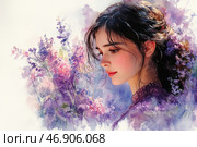 A watercolor painting of a young girl with dark hair, drowning in delicate shades of lilac-pink flowers. Her face is softly lit, and her gaze is filled with thoughtfulness and calm. Light blush shades on her cheeks add liveliness and warmth to her image.The floral composition smoothly dissolves into the background, creating an effect of airiness and fairytale. The painting is done in the style of watercolor painting with smooth transitions of colors and soft blurred contours. The atmosphere is filled with romance, tenderness and spring inspiration. Стоковое AI-изображение, AI-художник Анна Кривицкая / Фотобанк Лори