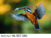 The moment a kingfisher soars through the air with a freshly caught fish in its beak. The bird has bright plumage with blue, orange and white hues. The wings are spread wide, showing off detailed feathers. Droplets of water fly around, creating a dynamic effect. The background is blurred, with green and yellow hues, emphasizing the bird's natural habitat. Стоковое AI-изображение, AI-художник Анна Кривицкая / Фотобанк Лори
