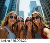 A group of four friends embraces a moment of joy and connection amidst the towering skyscrapers. Their laughter fills the air as they soak up the sun in this bustling cityscape AI. Стоковое AI-изображение, AI-художник Юлия Петровская / Фотобанк Лори