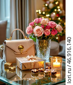 Flowers and gifts for birthday. Festive card. Стоковое AI-изображение, AI-художник Сергей Елизарьев / Фотобанк Лори