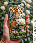 A funny striped tiger cub gives a bouquet of bright roses, holding them out from a smartphone screen on a birthday. Стоковое AI-изображение, AI-художник Сергей Елизарьев / Фотобанк Лори