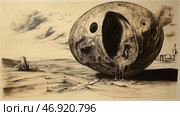 Surreal landscape featuring a large cracked sphere in desolate environment under a cloudy sky. Стоковое AI-изображение, AI-художник Михаил Коханчиков / Фотобанк Лори
