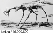 Surreal creature with twisted forms wandering a barren landscape under a stark sky. Стоковое AI-изображение, AI-художник Михаил Коханчиков / Фотобанк Лори
