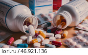 Prescription medication and pills spilled on table. Стоковое AI-изображение, AI-художник Елена Болотина / Фотобанк Лори