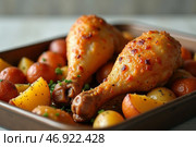 Roasted Chicken and Potatoes. Стоковое AI-изображение, AI-художник Елена Болотина / Фотобанк Лори