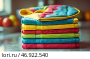 Vibrant collection of neatly stacked kitchen towels in a cozy kitchen setting. Стоковое AI-изображение, AI-художник Сергей Толмачёв / Фотобанк Лори