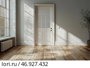 Modern entryway with sleek design and natural lighting in a home. Современная прихожая со стильной серой дверью, деревянным полом и большими окнами, освещающими пространство естественным светом. Минималистичный декор подчеркивает современную эстетику. Стоковое AI-изображение, AI-художник Katsiaryna Repich / Фотобанк Лори