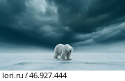 Polar bear stands on ice under dramatic sky with vivid colors at sunset. Белый медведь сидит на небольшой льдине, окруженной спокойной водой. Небо затянуто темными облаками, которые подсвечиваются яркими оранжевыми и красными оттенками по мере того, как солнце садится на горизонте. Стоковое AI-изображение, AI-художник Katsiaryna Repich / Фотобанк Лори