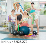 Group of young women posing with pilates equipment. Стоковое фото, фотограф Яков Филимонов / Фотобанк Лори