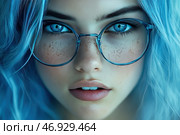 A girl with a mesmerizing look. She has bright blue eyes, which are emphasized by round transparent glasses with a blue frame. Her hair is also dyed in a cool blue shade, which creates a harmonious combination with her eyes. Her skin is fair, with natural freckles, and her lips are slightly parted, which gives the image mystery and sensuality. The atmosphere of the frame is cold, but at the same time soft, thanks to the smooth light and details. Стоковое AI-изображение, AI-художник Анна Кривицкая / Фотобанк Лори