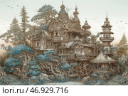 Fairytale-like, detailed architecture reminiscent of a whimsical fantasy castle hidden in the woods. The house consists of many levels, turrets, terraces and carved wooden elements that seamlessly weave into the surrounding nature. The tree branches seem to be part of the building, and vines twine around the walls. The building combines Eastern and European architectural styles, creating the impression of an ancient, magical home. The background is done in soft pastel colors, and the color palette includes muted brown-green and bluish shades. Birds fly in the air, emphasizing the atmosphere of coziness and silence. Стоковое AI-изображение, AI-художник Анна Кривицкая / Фотобанк Лори