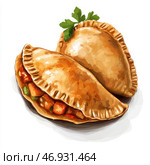 Two golden-brown pies. One of them is cut, revealing a juicy vegetable filling: carrots, peas, possibly potatoes and other ingredients. The surface of the dough has a beautiful texture, with sealed edges, and on top lies a sprig of fresh herbs, most likely parsley.The background is white, which emphasizes the contrast and appetizing appearance of the pastry. The painting is done in the style of a watercolor drawing, creating a feeling of lightness and coziness. This drawing can be associated with traditional cuisine of different countries, such as Russian pies, Spanish empanadas or Indian samosas. Стоковое AI-изображение, AI-художник Анна Кривицкая / Фотобанк Лори
