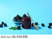 Баночка вкусного ежевичного варенья и ягод на цветном фоне. Стоковое фото, фотограф Pixel_shot / Фотобанк Лори