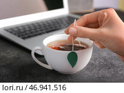 Женщина окунает чайный пакетик в чашку на темном фоне. Стоковое фото, фотограф Pixel_shot / Фотобанк Лори