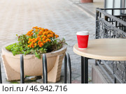 Чашка вкусного латте на вынос на столе на открытом воздухе. Стоковое фото, фотограф Pixel_shot / Фотобанк Лори