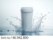 Белая чашка стоит в струе воды. Чашка сделана из бумаги и имеет крышку. Вода плещется вокруг чашки, создавая ощущение движения и энергии. Стоковое AI-изображение, AI-художник Ярославский Максим / Фотобанк Лори