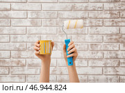 Женские руки с баллончиком желтой краски и валиком на фоне кирпича. Стоковое фото, фотограф Pixel_shot / Фотобанк Лори