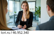 Office flirtation woman captivating men bold revealing dress meeting table paperwork suit jacket confident smile business charm. Стоковое AI-изображение, AI-художник Павел Муравьев / Фотобанк Лори