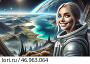 Астронавт на фоне инопланетного пейзажа. Стоковое AI-изображение, AI-художник Сергей Минтян / Фотобанк Лори