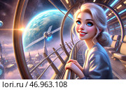 Девушка в космическом корабле. Стоковое AI-изображение, AI-художник Сергей Минтян / Фотобанк Лори