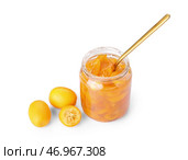 Баночка вкусного варенья из кумквата и свежих фруктов на белом фоне. Стоковое фото, фотограф Pixel_shot / Фотобанк Лори