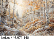 Autumn forest with birch trees covered with the first frosts. The golden leaves of the trees contrast with the light frost covering the grass and stones. A narrow river flows among the rocky banks, reflecting the soft light of an autumn day. The background is made in muted pastel colors, creating a feeling of silence, comfort and natural harmony. The composition resembles a classic painting illustration, filled with details, natural texture and an atmosphere of calm. Стоковое AI-изображение, AI-художник Анна Кривицкая / Фотобанк Лори