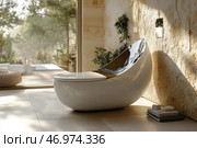 Stylish and futuristic bathroom with an innovative toilet in the form of a capsule or chair. The design is minimalist with natural materials: stone walls, large panoramic windows overlooking the natural landscape with trees and a terrace. The space is filled with natural light, creating an atmosphere of relaxation and harmony. Towels and soap are neatly folded on the floor, adding a sense of spa zone and coziness. The overall interior concept combines functionality, luxury and biophilic design. Стоковое AI-изображение, AI-художник Анна Кривицкая / Фотобанк Лори
