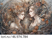 Two women facing each other, surrounded by intricate and detailed patterns of flowers, foliage and fine curls. Their images are refined, with perfect facial features, reminiscent of mythological or fairy-tale characters. Headdresses and ornaments made of plants and flowers give them the appearance of goddesses or forest spirits. The color scheme is soft, pastel, with shades of beige, blue and gold. The composition is symmetrical, and the details are reminiscent of Art Nouveau elements. The atmosphere of the painting is filled with magic, natural harmony and mystery. Стоковое AI-изображение, AI-художник Анна Кривицкая / Фотобанк Лори