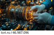 Mechanic repairing a vehicle transmission with precision and efficiency. Опытный механик кропотливо работает над коробкой передач автомобиля, регулируя и проверяя сложные шестеренки в тускло освещенной мастерской, заполненной инструментами и механизмами. Стоковое AI-изображение, AI-художник Katsiaryna Repich / Фотобанк Лори