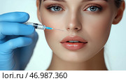 Cosmetic treatment focusing on lip enhancement in a professional setting. Опытный врач делает косметическую инъекцию для увеличения губ молодой женщины. Обстановка - современная клиника, демонстрирующая спокойную атмосферу и тщательную технику. Стоковое AI-изображение, AI-художник Katsiaryna Repich / Фотобанк Лори
