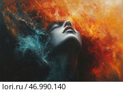 A woman with her face upturned, her skin light and smooth, and her eyes closed. Her hair or aura consists of fiery tongues of flame, turning into deep dark and blue shades, reminiscent of space or water. The painting has a powerful energetic dynamics, creating a sense of the connection of two elements - fire and water, passion and calm. The work is done in the style of surrealism or abstract art, creating the impression of spiritual awakening, transcendence and a powerful emotional experience. Стоковое AI-изображение, AI-художник Анна Кривицкая / Фотобанк Лори