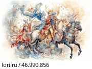 A magnificent scene, done in the style of a watercolor painting, depicting three riders in luxurious historical costumes. The central character is a majestic rider in blue and gold robes, decorated with jewels and patterns, with feathers in his headdress. He rides a white horse, accompanied by two other characters: one in red robes, the other in blue, both on exquisitely decorated horses. The background of the image is filled with dynamics, swirling clouds, floral elements and movement, creating a sense of fairy tale and a majestic journey. Стоковое AI-изображение, AI-художник Анна Кривицкая / Фотобанк Лори